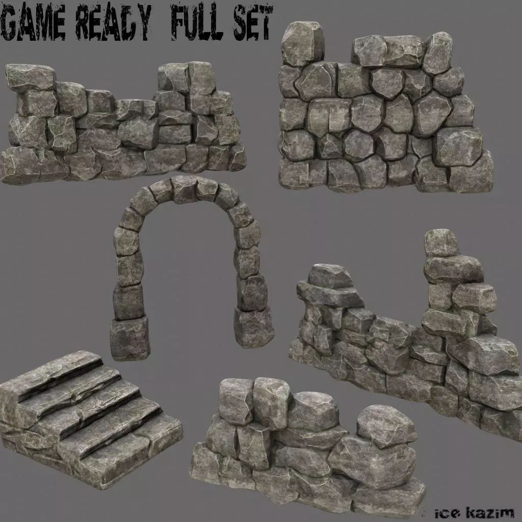 wall set arch made of rocks Low-poly 3D model_0