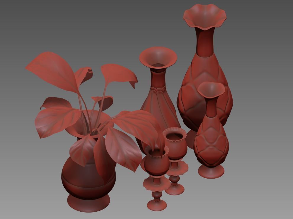 set235 set of vases and plant on table 3D model_4
