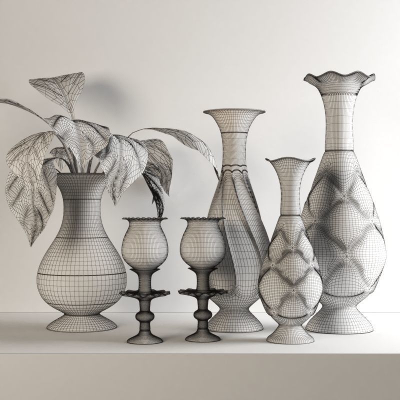 set235 set of vases and plant on table 3D model_2