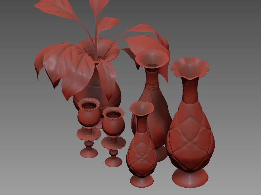 set235 set of vases and plant on table 3D model_3