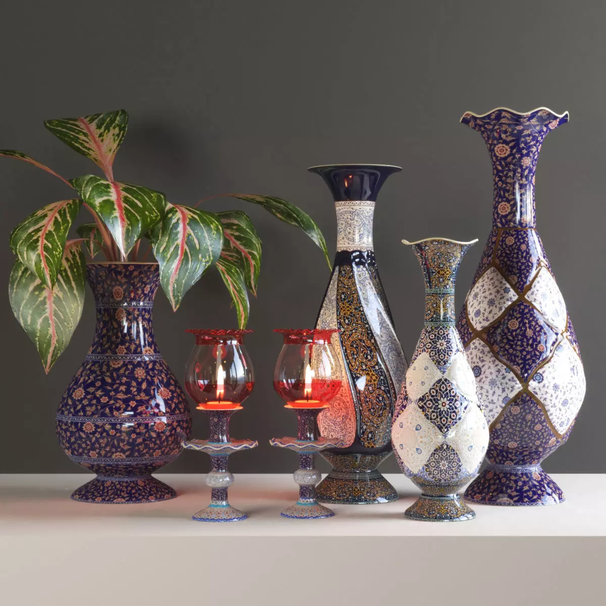 set235 set of vases and plant on table 3D model_0