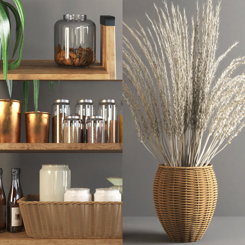 set1143 wooden shelf with pots and plants 3D model_1