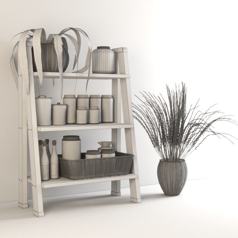 set1143 wooden shelf with pots and plants 3D model_5