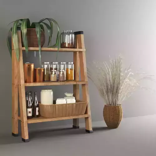 set1143 wooden shelf with pots and plants