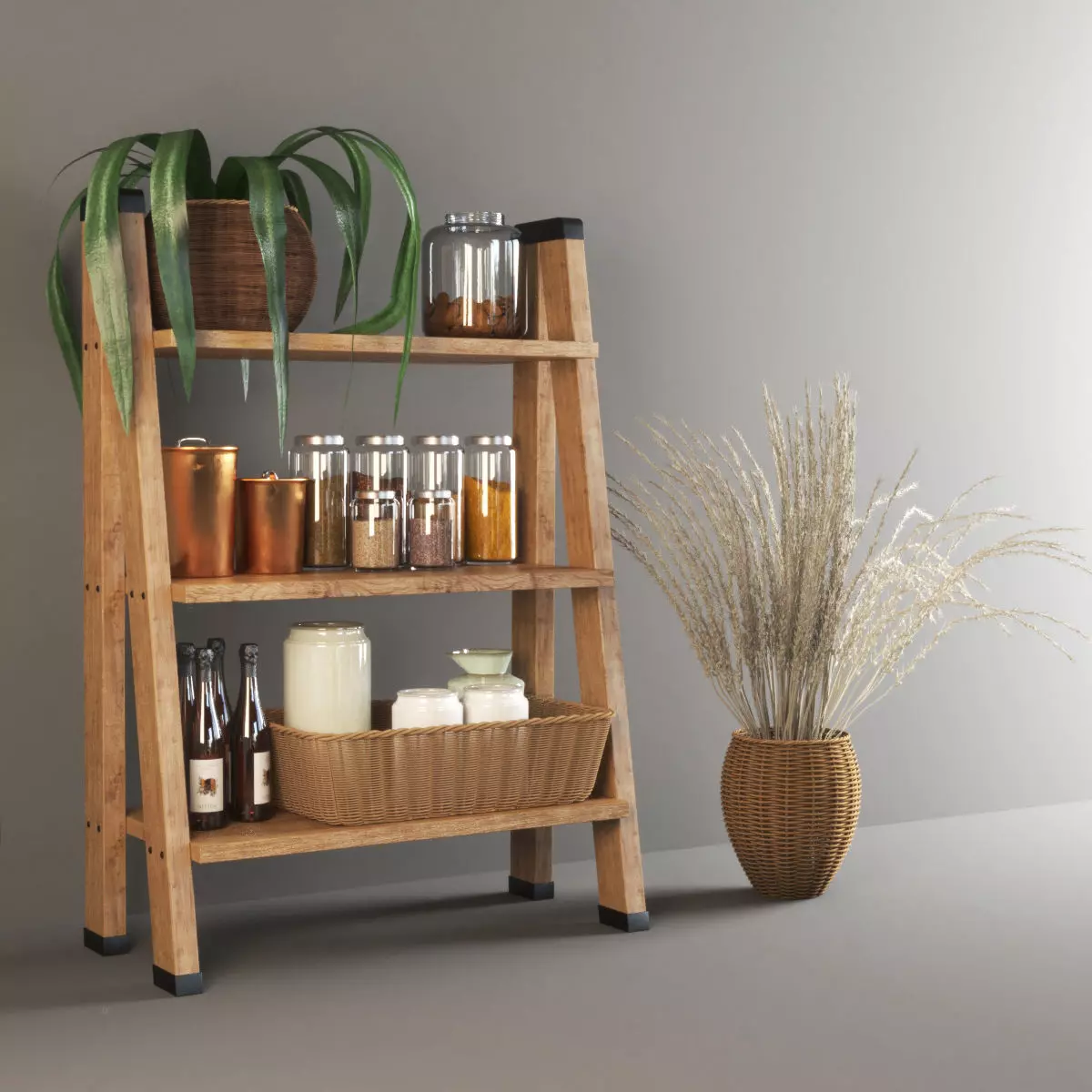 set1143 wooden shelf with pots and plants 3D model_0