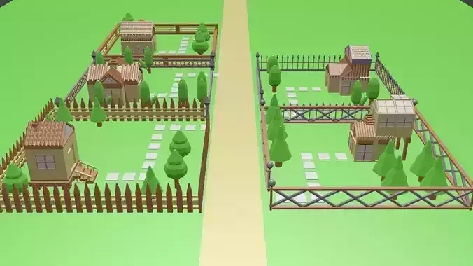 Low Poly Home village with houses and trees