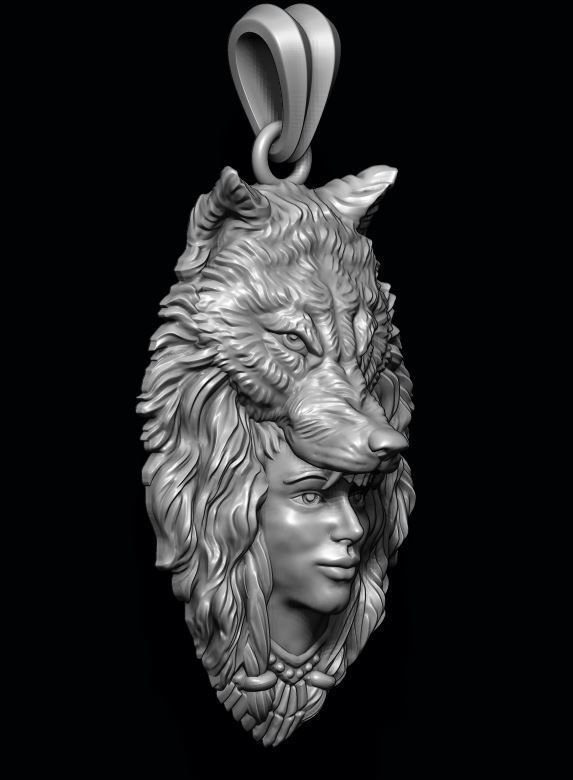 girl wolf pendant 3D print model_4