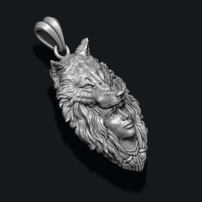 girl wolf pendant 3D print model_2