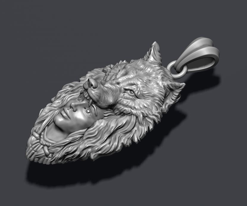 girl wolf pendant 3D print model_3