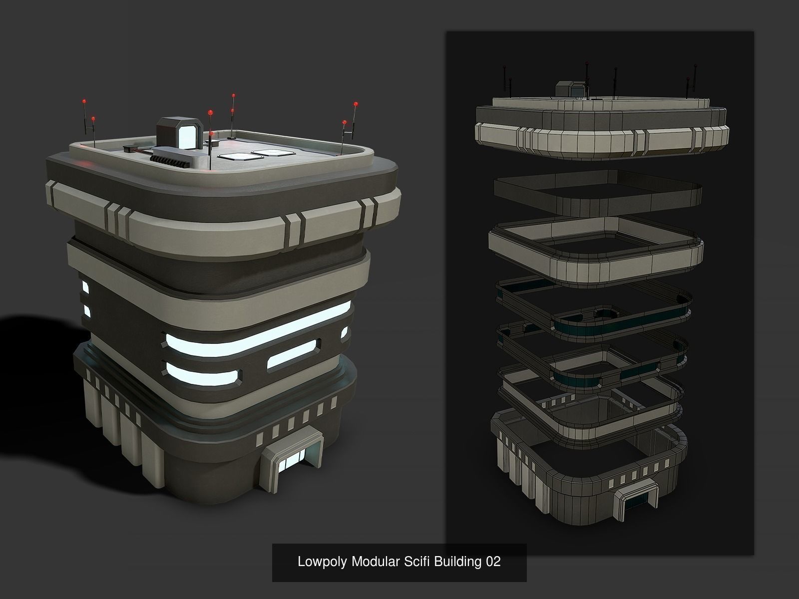 Lowpoly Modular Scifi Building Pack 3D Model Collection_3