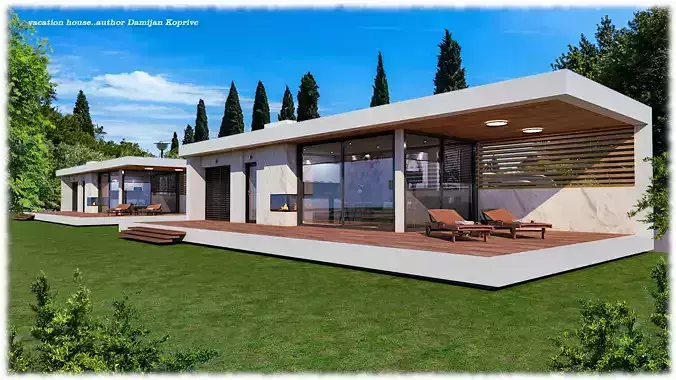 modern mobile home vacation house with swimming pool  Low-poly 3D model
