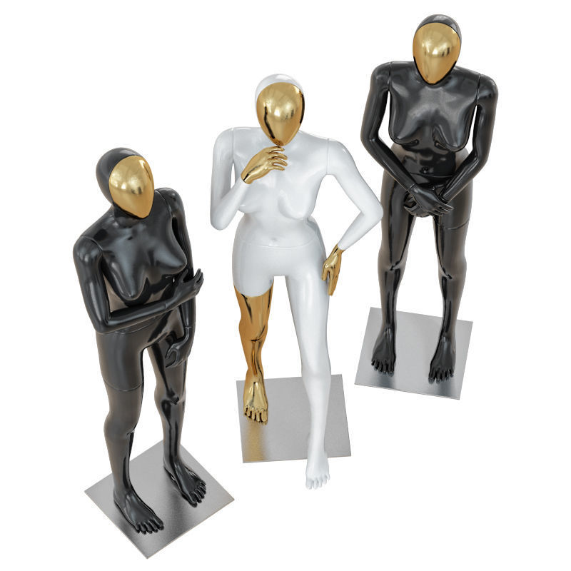 Three female mannequin with a golden face 41 3D model_2