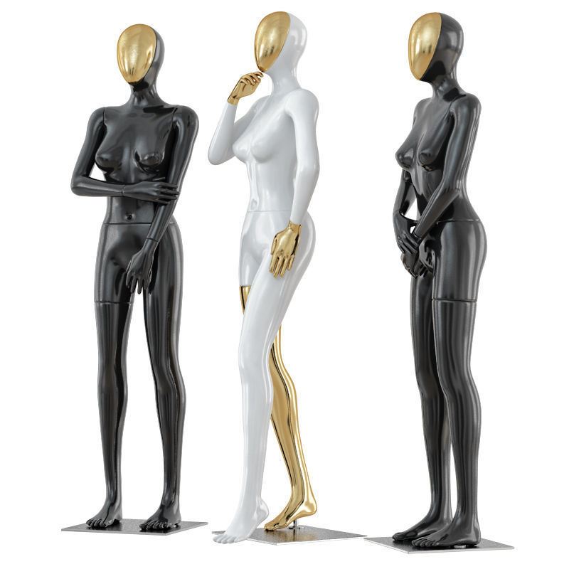 Three female mannequin with a golden face 41 3D model_1