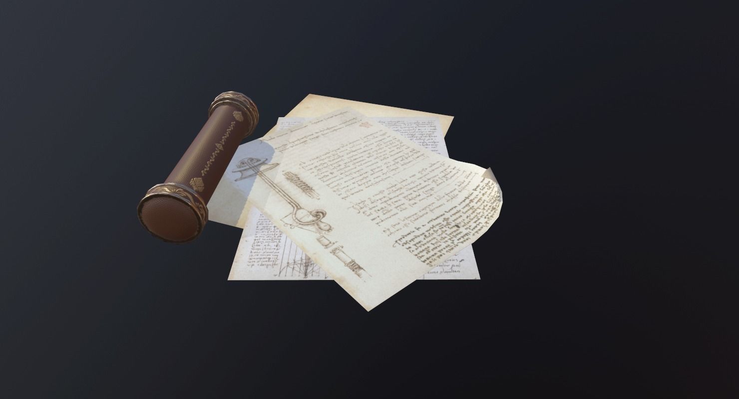 Scroll Game Ready and pen Low-poly 3D model_3