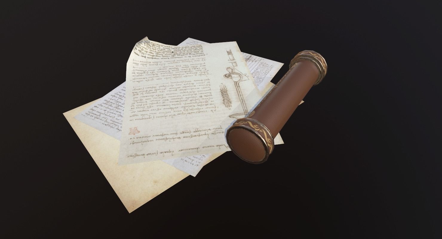 Scroll Game Ready and pen Low-poly 3D model_1