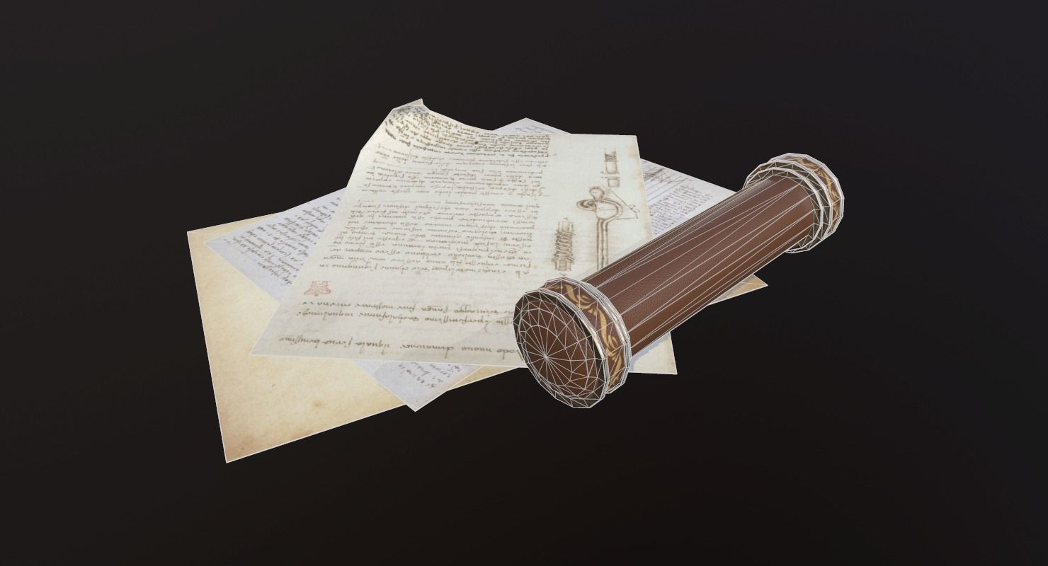 Scroll Game Ready and pen Low-poly 3D model_11