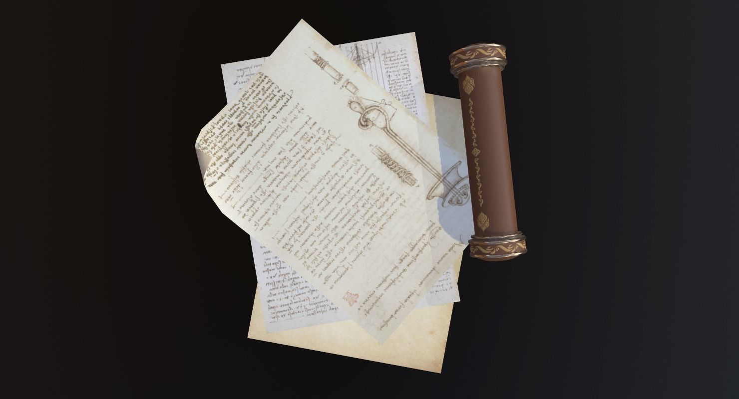 Scroll Game Ready and pen Low-poly 3D model_5