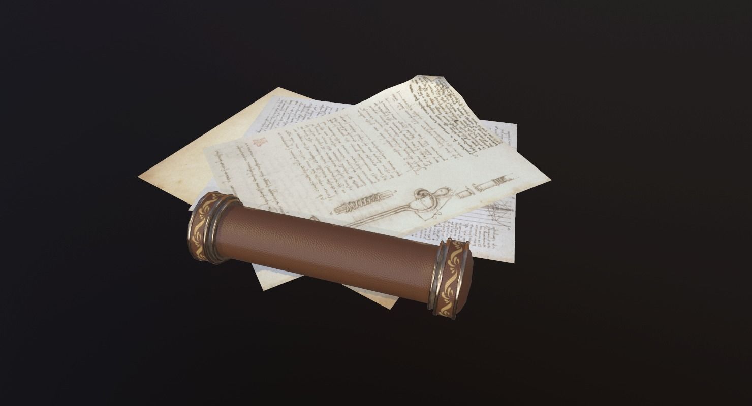 Scroll Game Ready and pen Low-poly 3D model_2