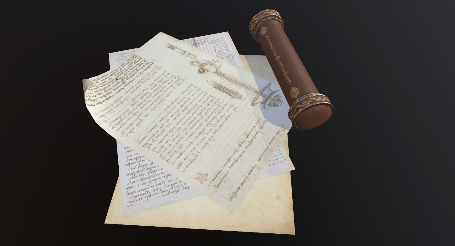 Scroll Game Ready and pen Low-poly 3D model_16