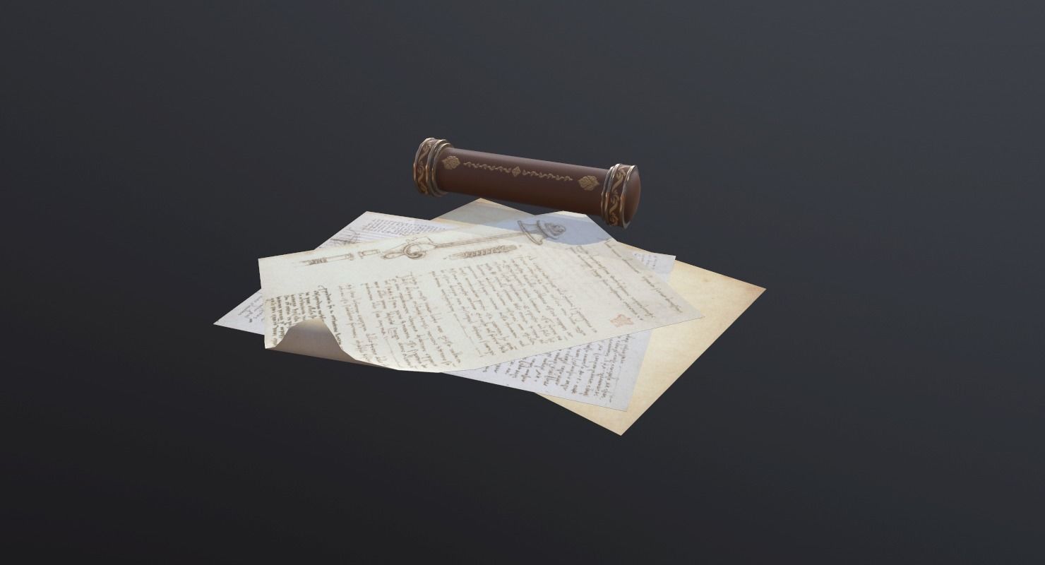 Scroll Game Ready and pen Low-poly 3D model_4