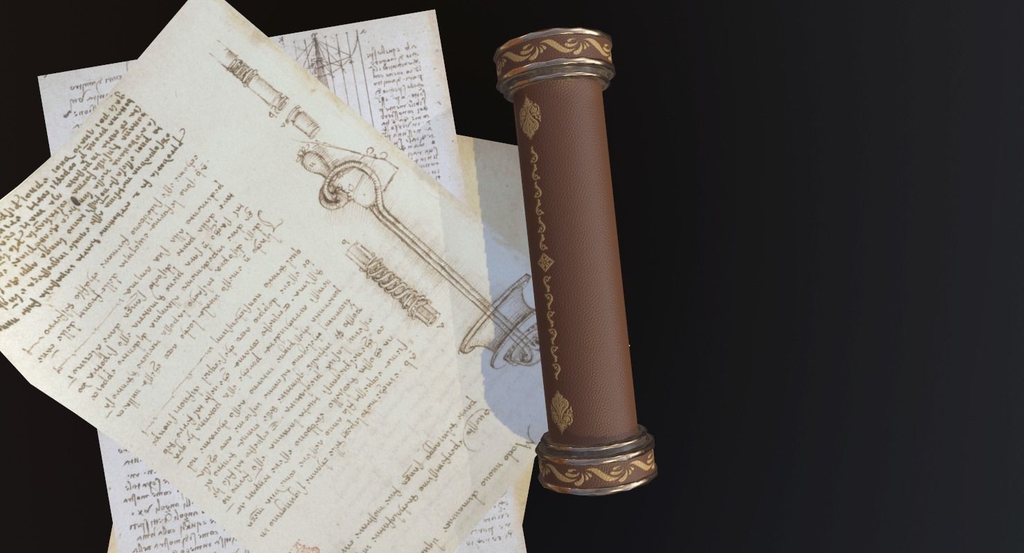 Scroll Game Ready and pen Low-poly 3D model_6