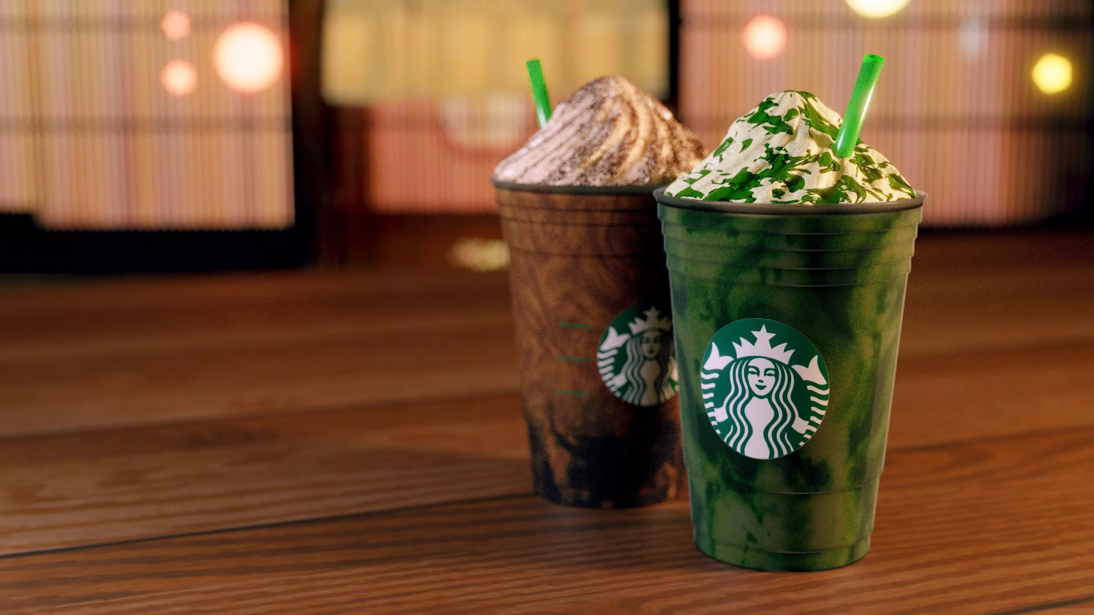 Starbucks two drinks on wooden table Free 3D model_0