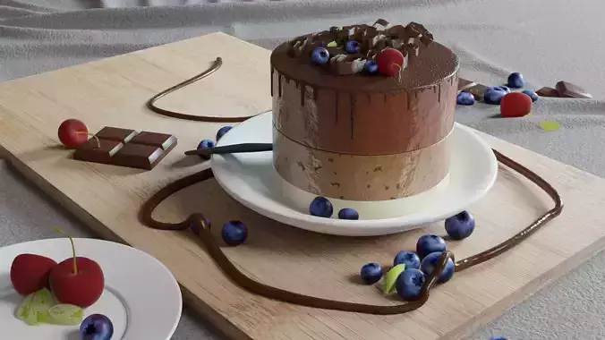 Desserts chocolate cake on wooden cutting board