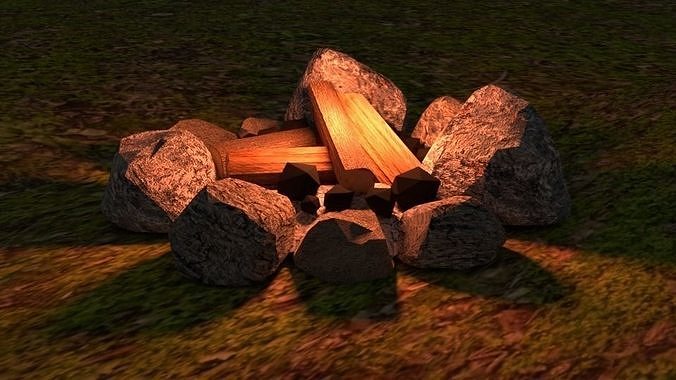 lowpoly campfire fire pit with rocks and logs 3D model