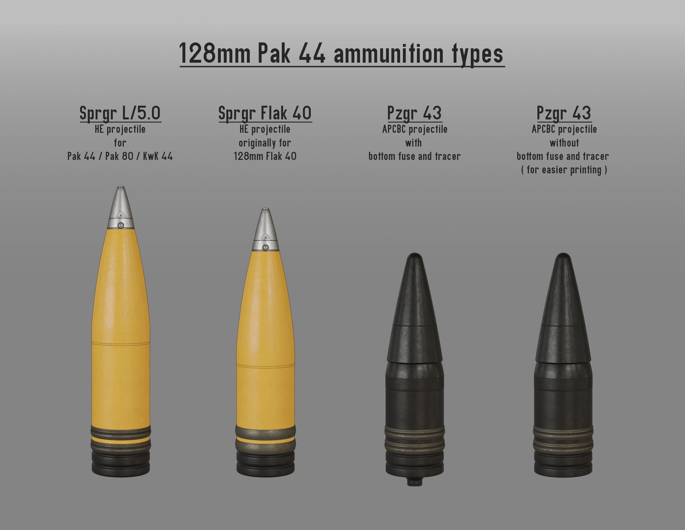 128mm Pak 44 - KwK 44 Patronen --- 1-4 to 1-48 scale models ---  3D print model_1