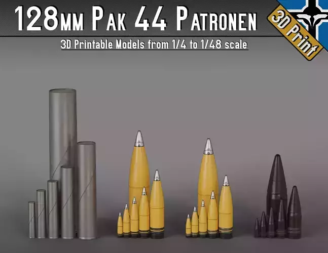 128mm Pak 44 - KwK 44 Patronen --- 1-4 to 1-48 scale models ---  3D print model