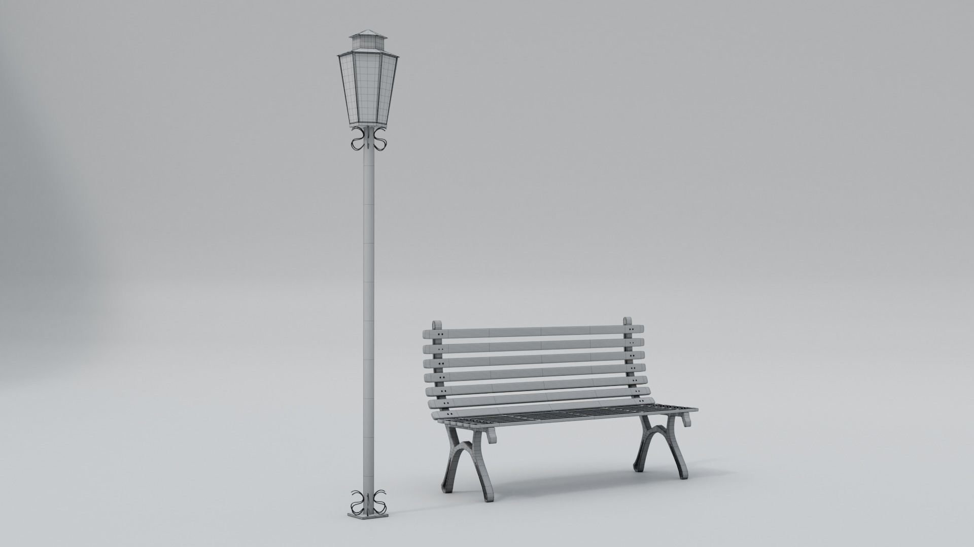 Wooden Bench - Lamp post 3D model_32