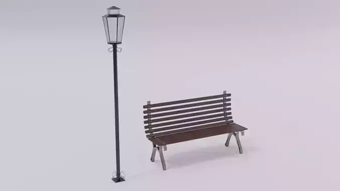 Wooden Bench - Lamp post