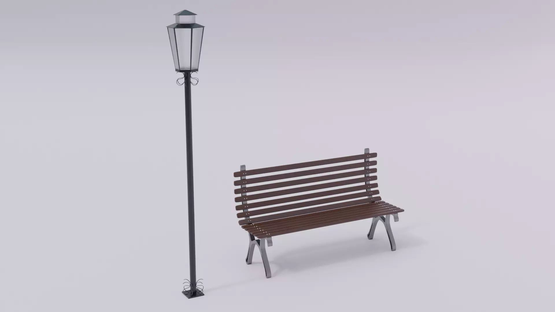 Wooden Bench - Lamp post 3D model_0