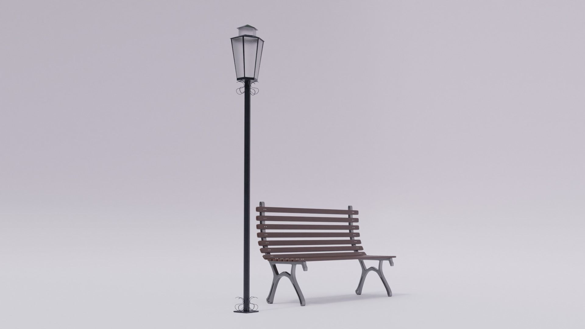 Wooden Bench - Lamp post 3D model_3