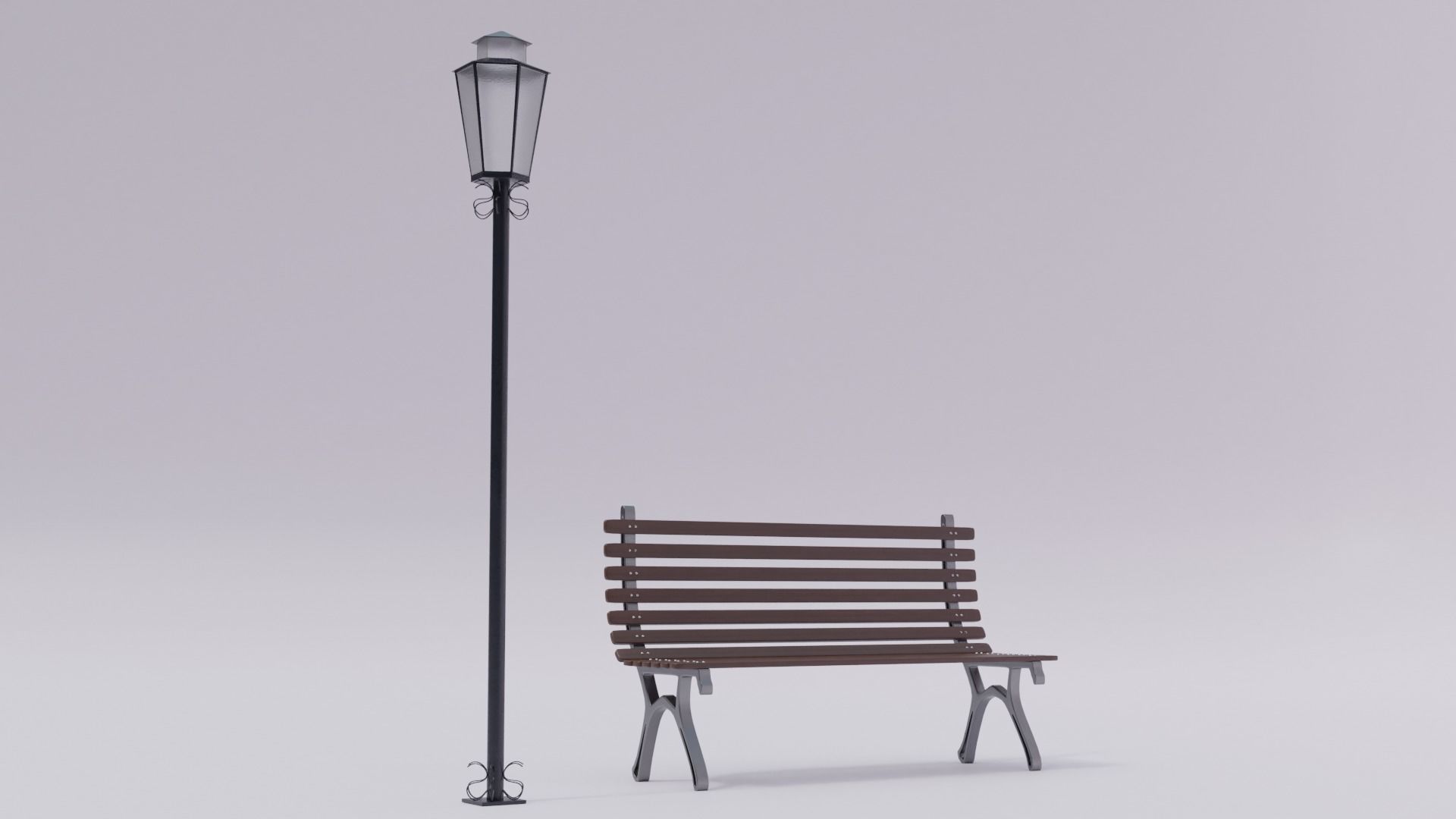 Wooden Bench - Lamp post 3D model_1