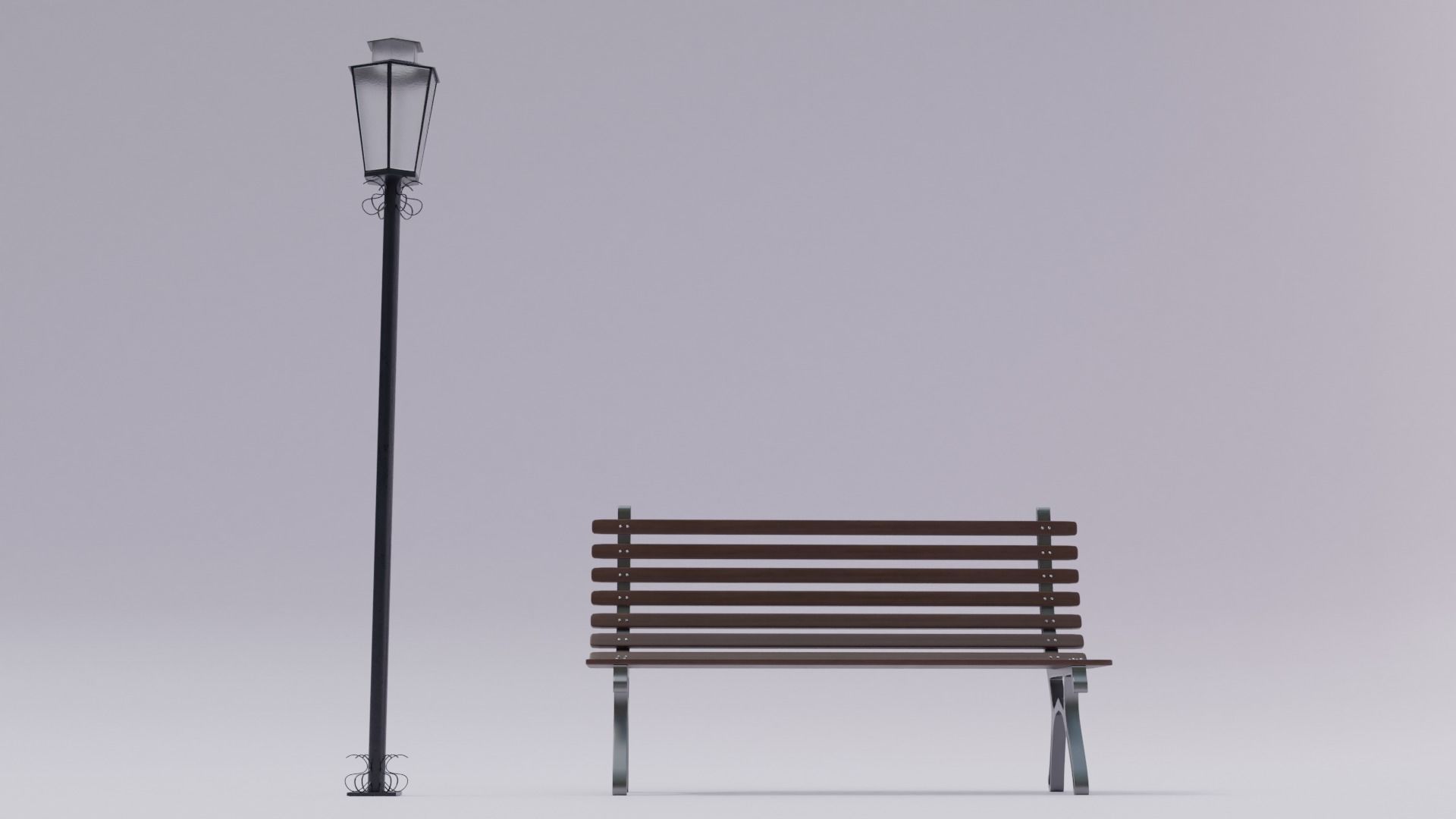 Wooden Bench - Lamp post 3D model_4