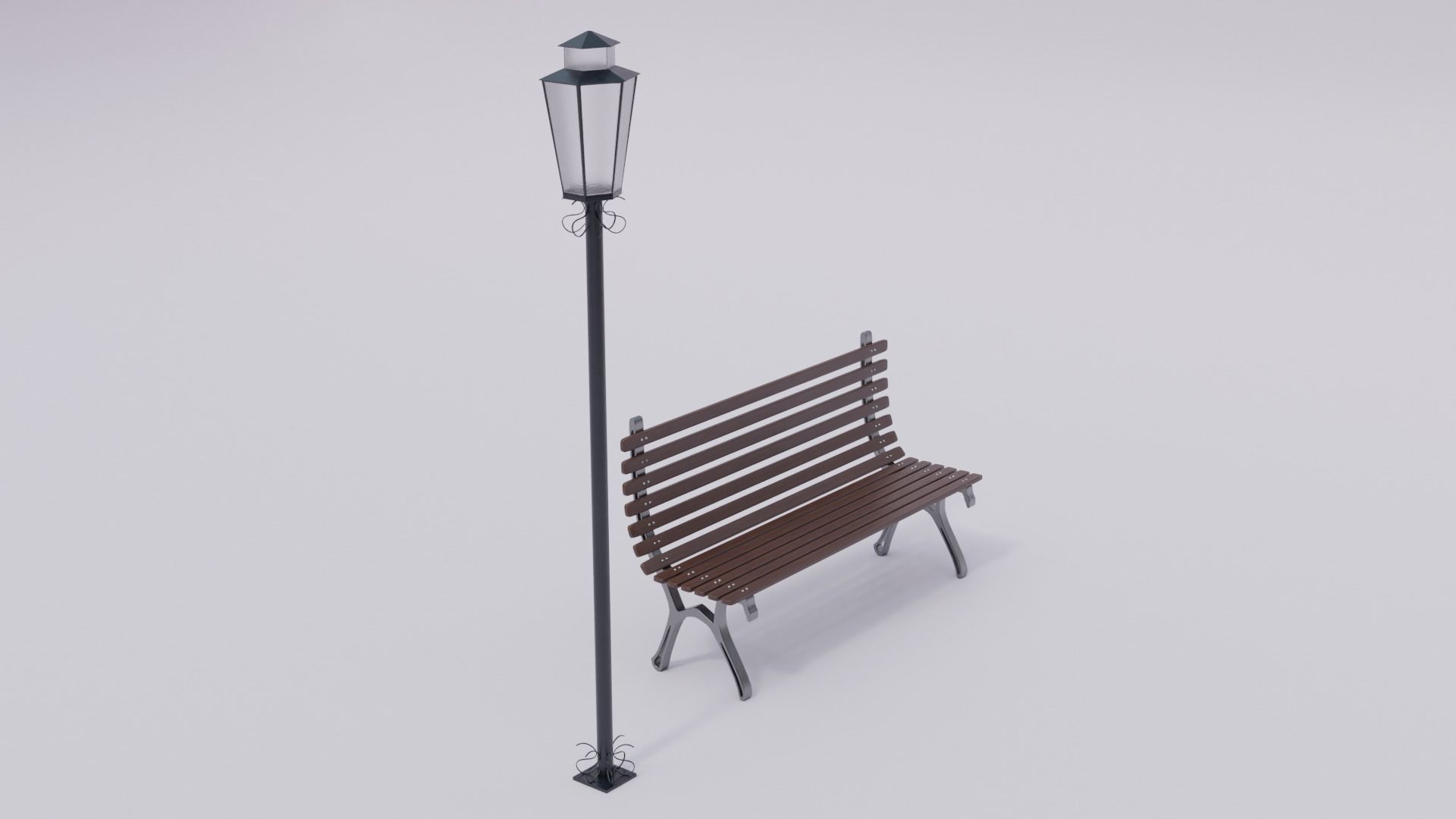 Wooden Bench - Lamp post 3D model_7