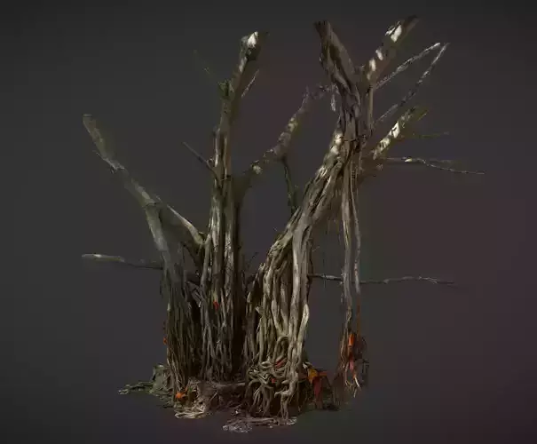Big Banyan tree with small temple inside Low-poly 3D model