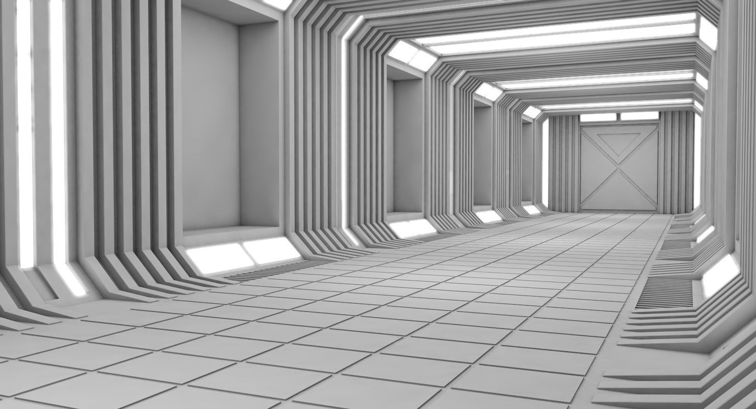 Corridor empty hallway in futuristic building 3D model_1