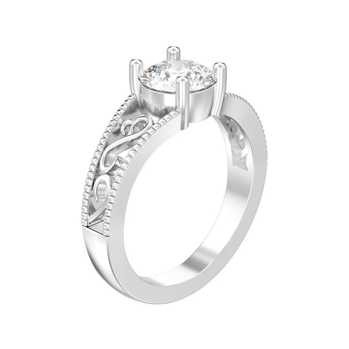 solitaire ring with one gemstone and symmetric ornament 3D print model_0