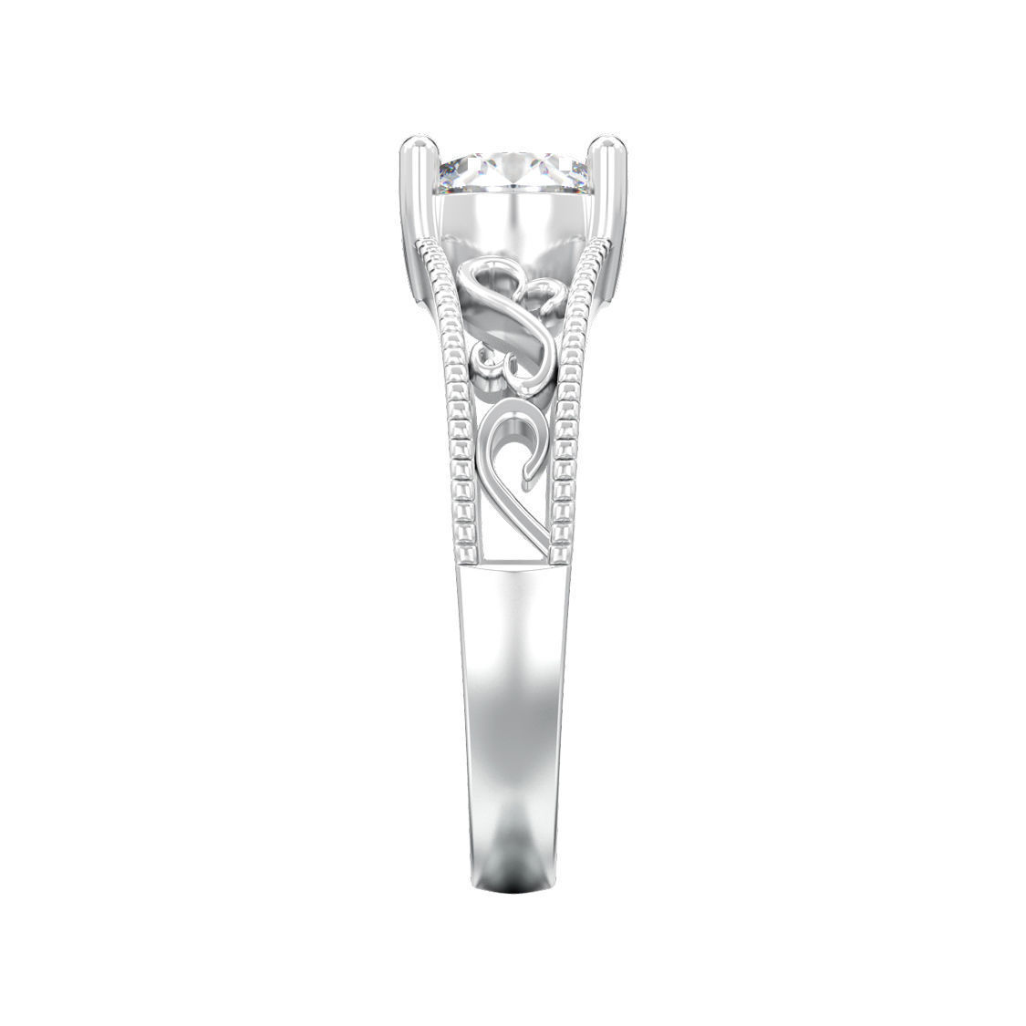 solitaire ring with one gemstone and symmetric ornament 3D print model_3