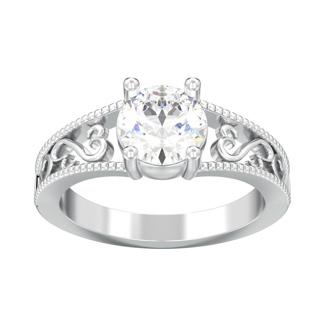 solitaire ring with one gemstone and symmetric ornament 3D print model_7