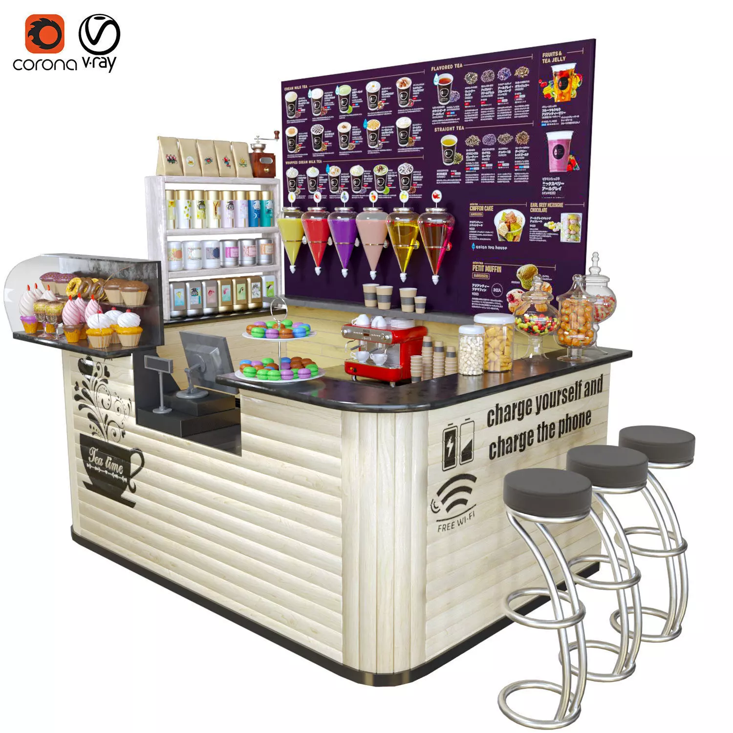 CafeShop ice cream shop with counter and stools 3D model