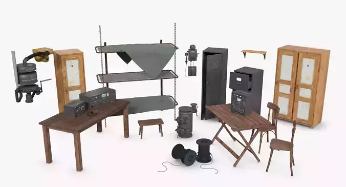 Bundle German Bunker Furnitures WWII 3D Model Collection