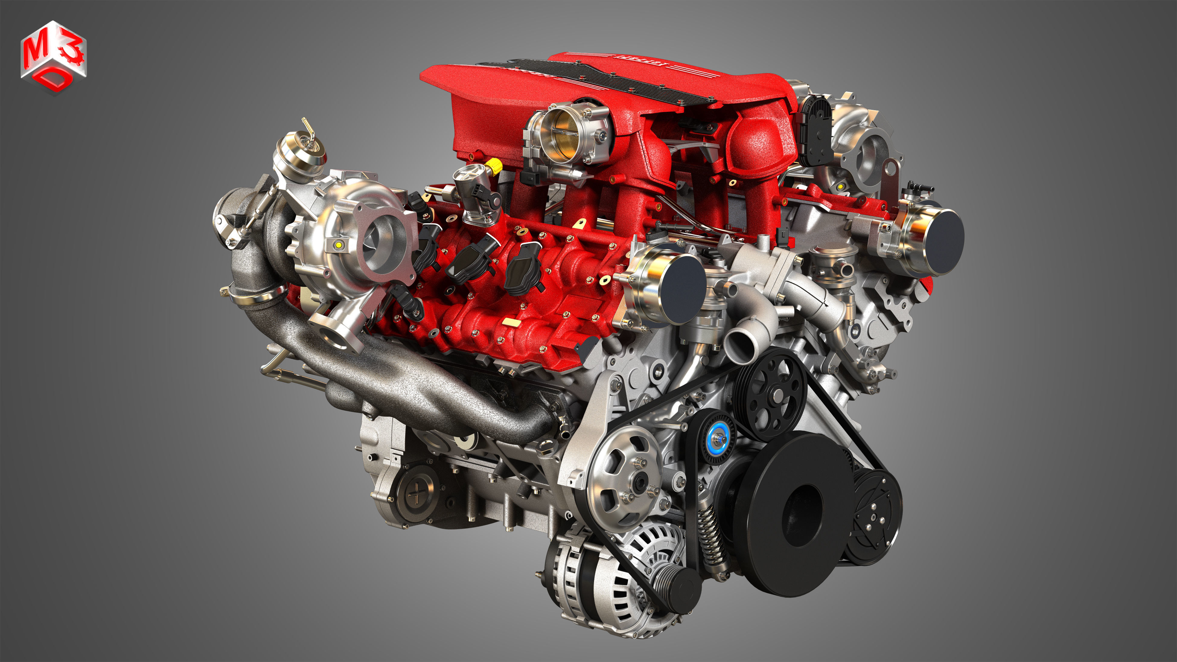 488 GTB Engine - V8 Twin Turbo Engine 3D model_4