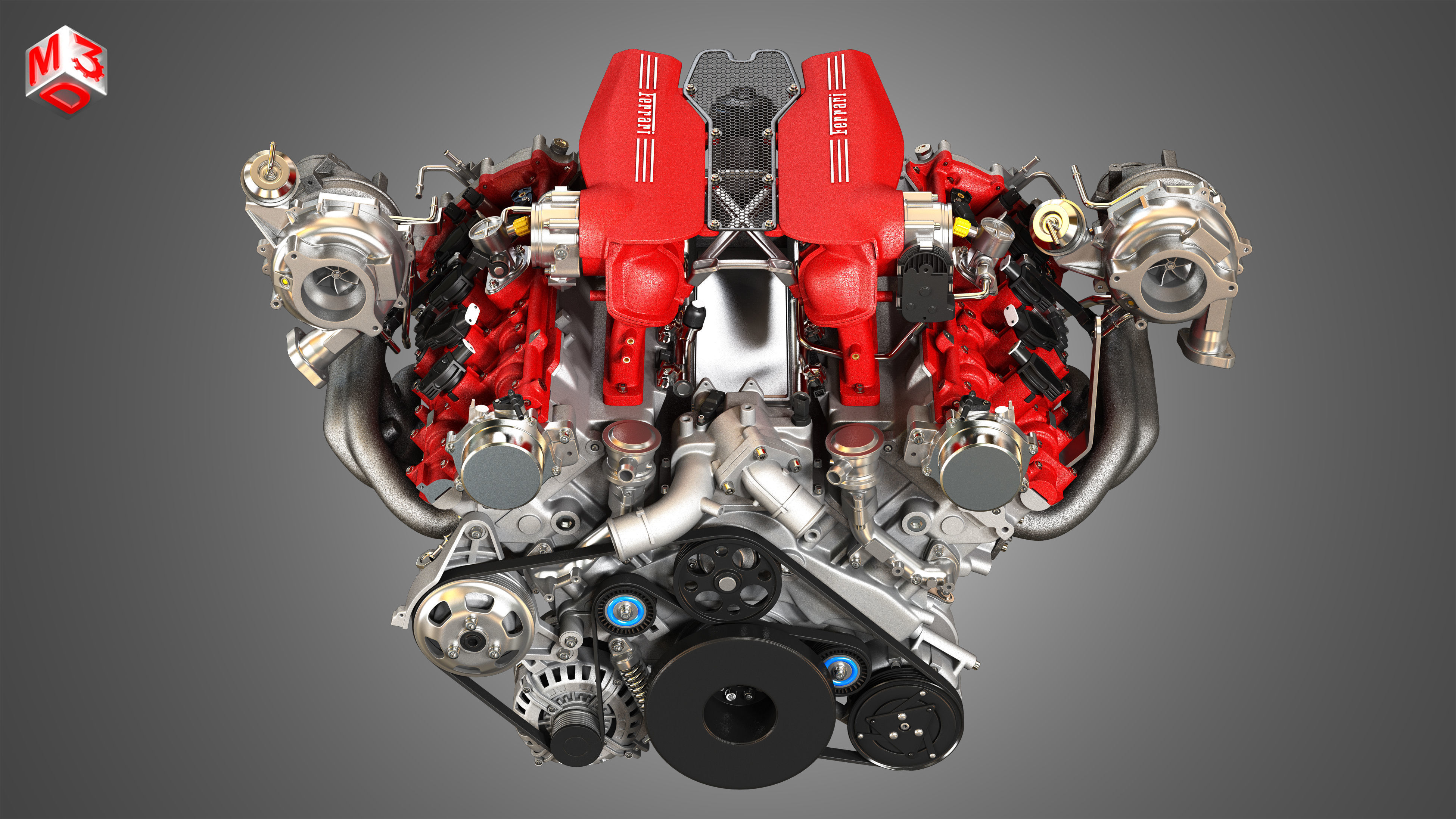 488 GTB Engine - V8 Twin Turbo Engine 3D model_14