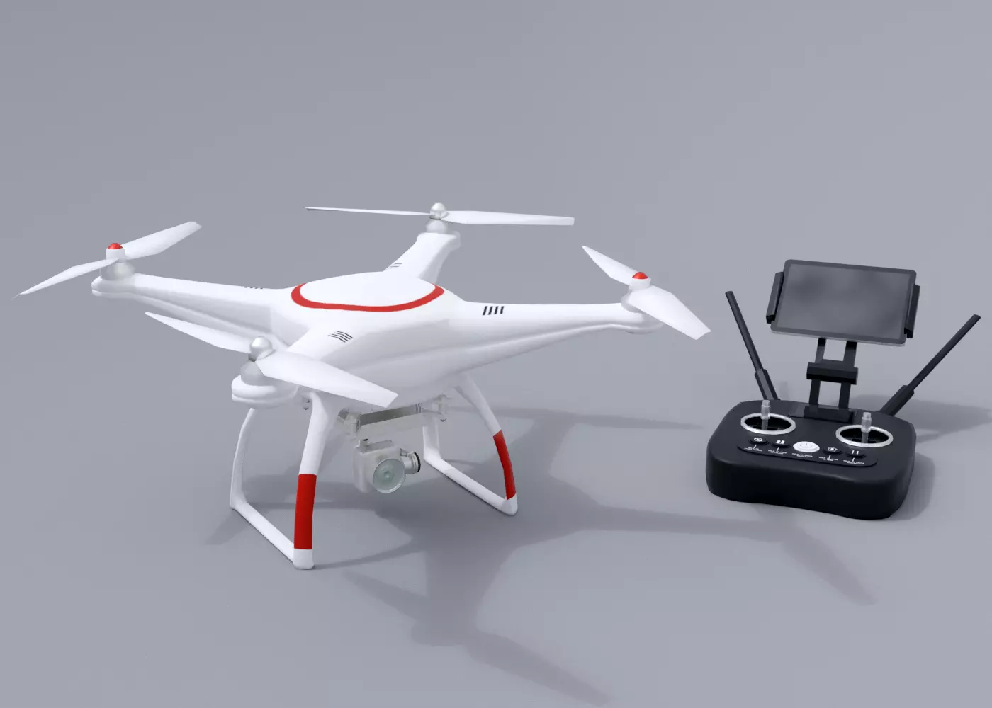 White drone with remote control Low-poly 3D model