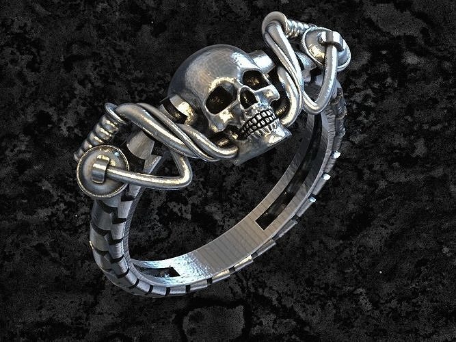 Skull-wheel-2 silver ring with skull 3D print model