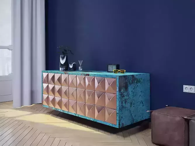 Sideboard marble copper patina pyramid