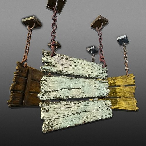3-Tier Wooden Hanging Signs - Game Ready Low-poly 3D model